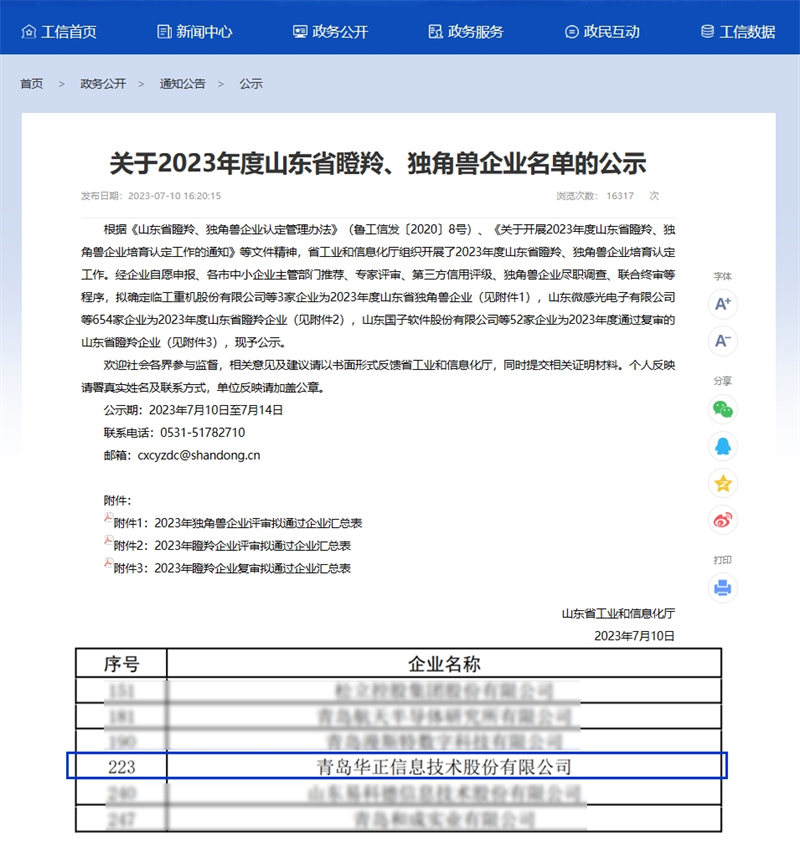 喜讯！华正信息荣获2023年度山东省“瞪羚企业”称号