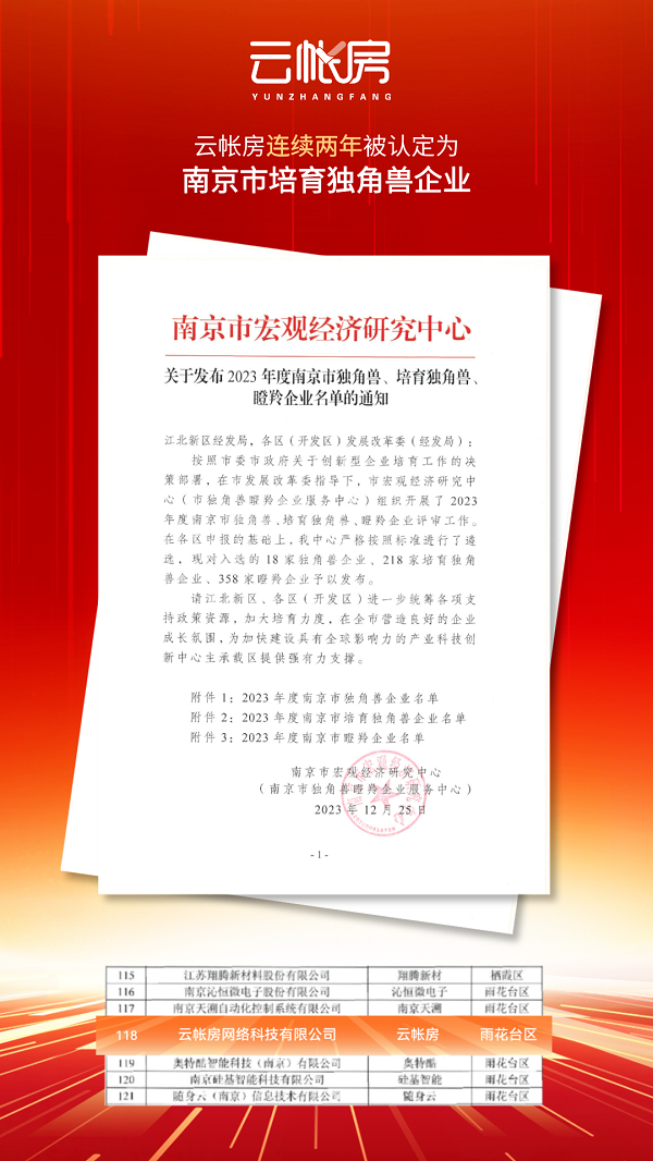 云帐房连续两年被认定为南京市培育独角兽企业