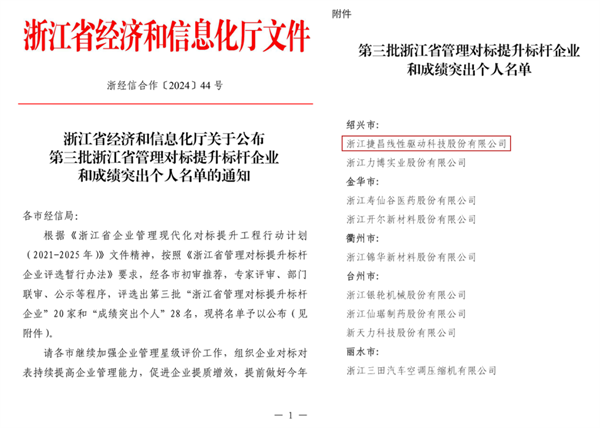 捷昌驱动获评“2023年度浙江省管理对标提升标杆企业”